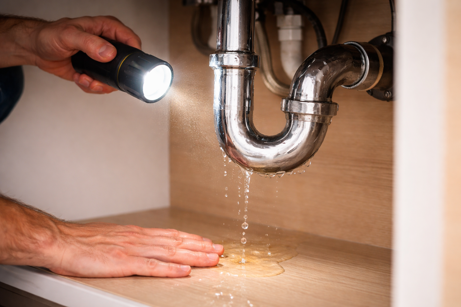 Finding a plumbing leak under a kitchen sink using a flashlight with water dripping from a pipe