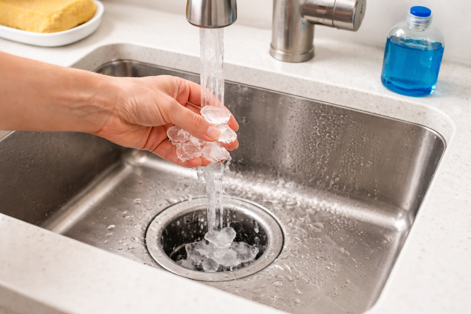 Running water and ice cubes cleaning a garbage disposal in a kitchen sink to remove food buildup