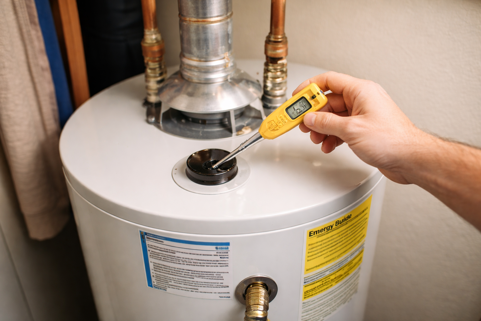 Plumber examining a residential water heater for lifespan and condition