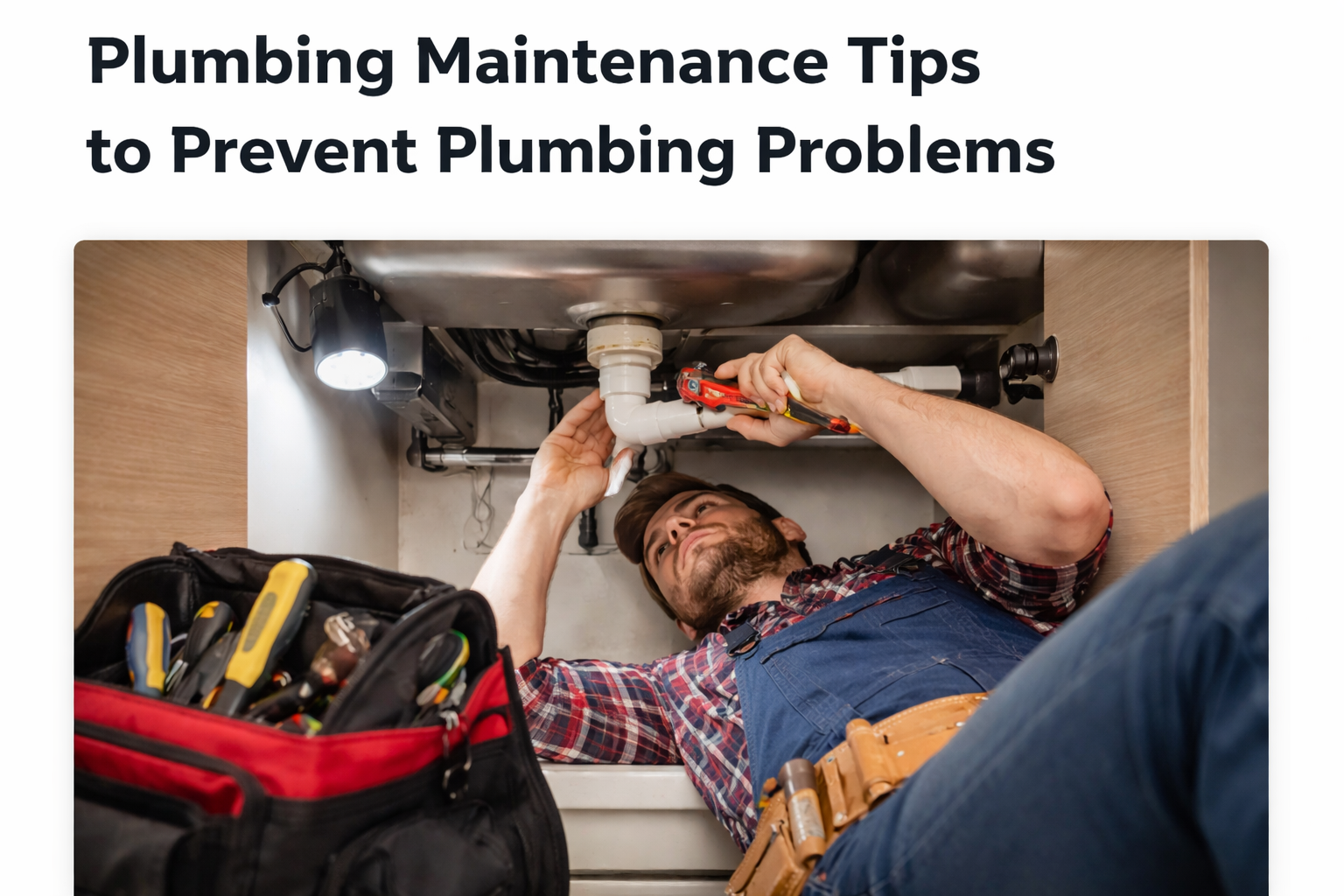 Plumber tightening kitchen sink pipe during plumbing maintenance to prevent leaks and common plumbing problems