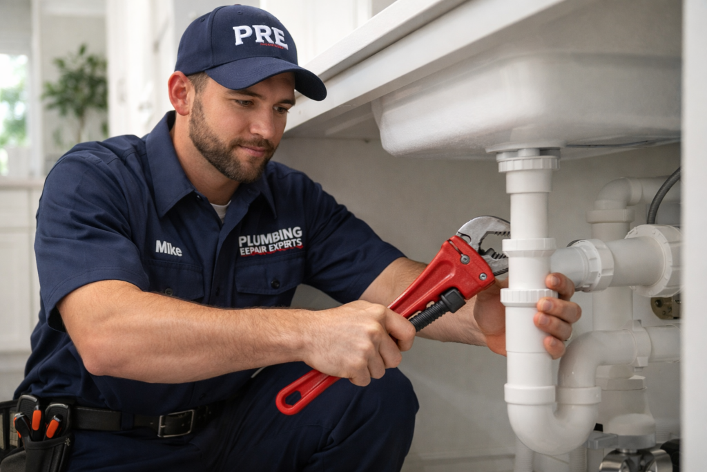 Plumber repairing a pipe in a modern home, wearing uniform and using tools.