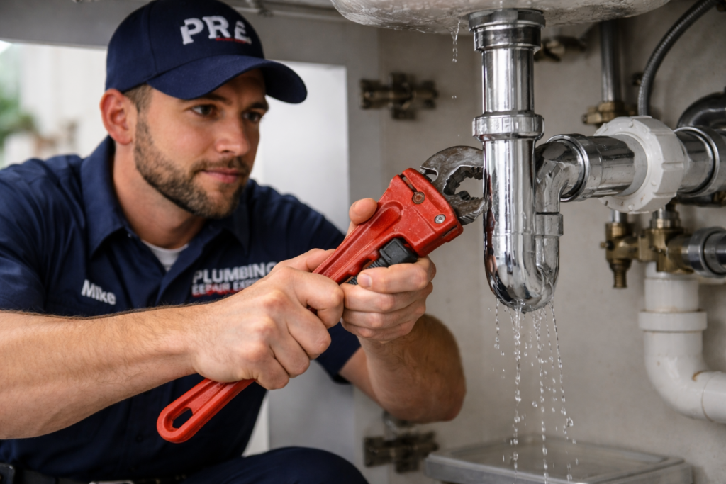 Plumber fixing a leaking pipe with a wrench in a home.