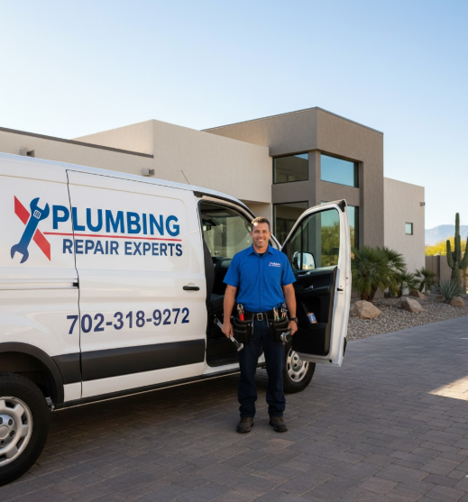 Realistic image of a Plumbing Repair Experts van parked outside a modern Las Vegas home. A friendly plumber stands next to it holding tools on a sunny day.