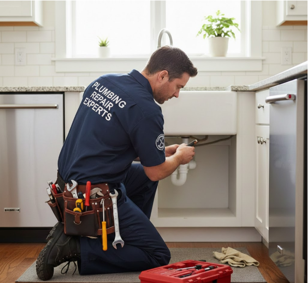 Plumber repairing a water pipe leak in a Las Vegas home