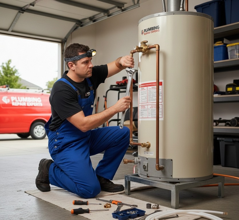 Emergency plumber repairing water heater in Las Vegas NV home