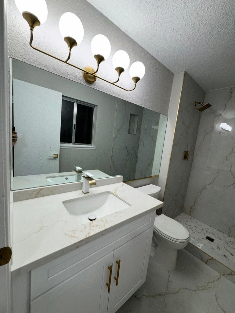 Bathroom faucet installation in Las Vegas NV with updated vanity and fixtures