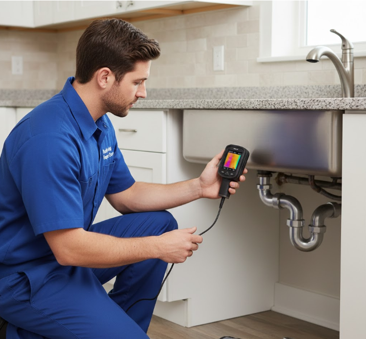 Plumber performing professional leak detection in a Las Vegas home using advanced leak detection tools