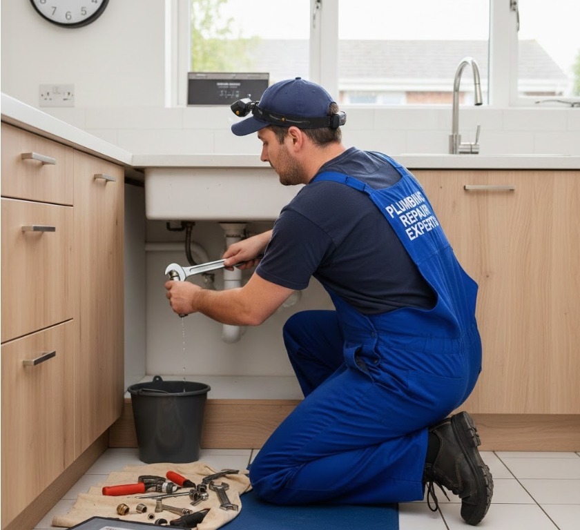 Plumber repairing leaking pipe in Las Vegas NV home