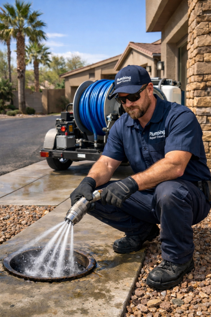 Plumber from Plumbing Repair Experts performing hydro jetting service at a Las Vegas home drain cleanout