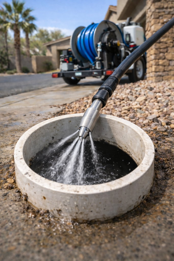 Hydro jetting nozzle cleaning a residential sewer line through a PVC cleanout pipe