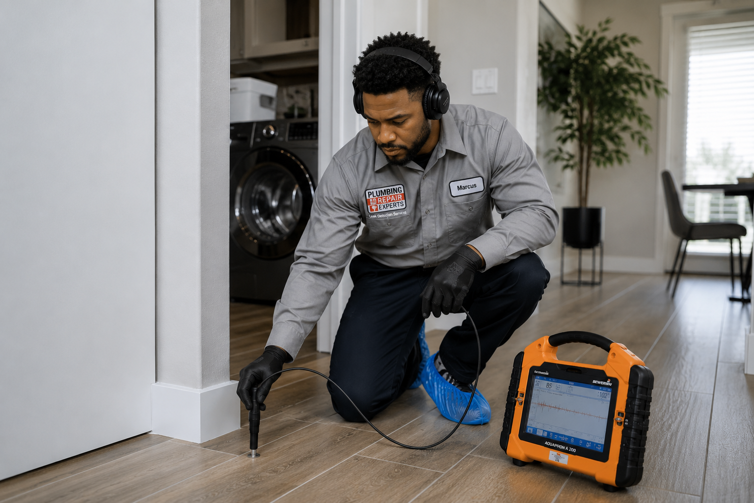 Plumbing Repair Experts leak detection technician inspecting a possible plumbing leak inside a modern Las Vegas home