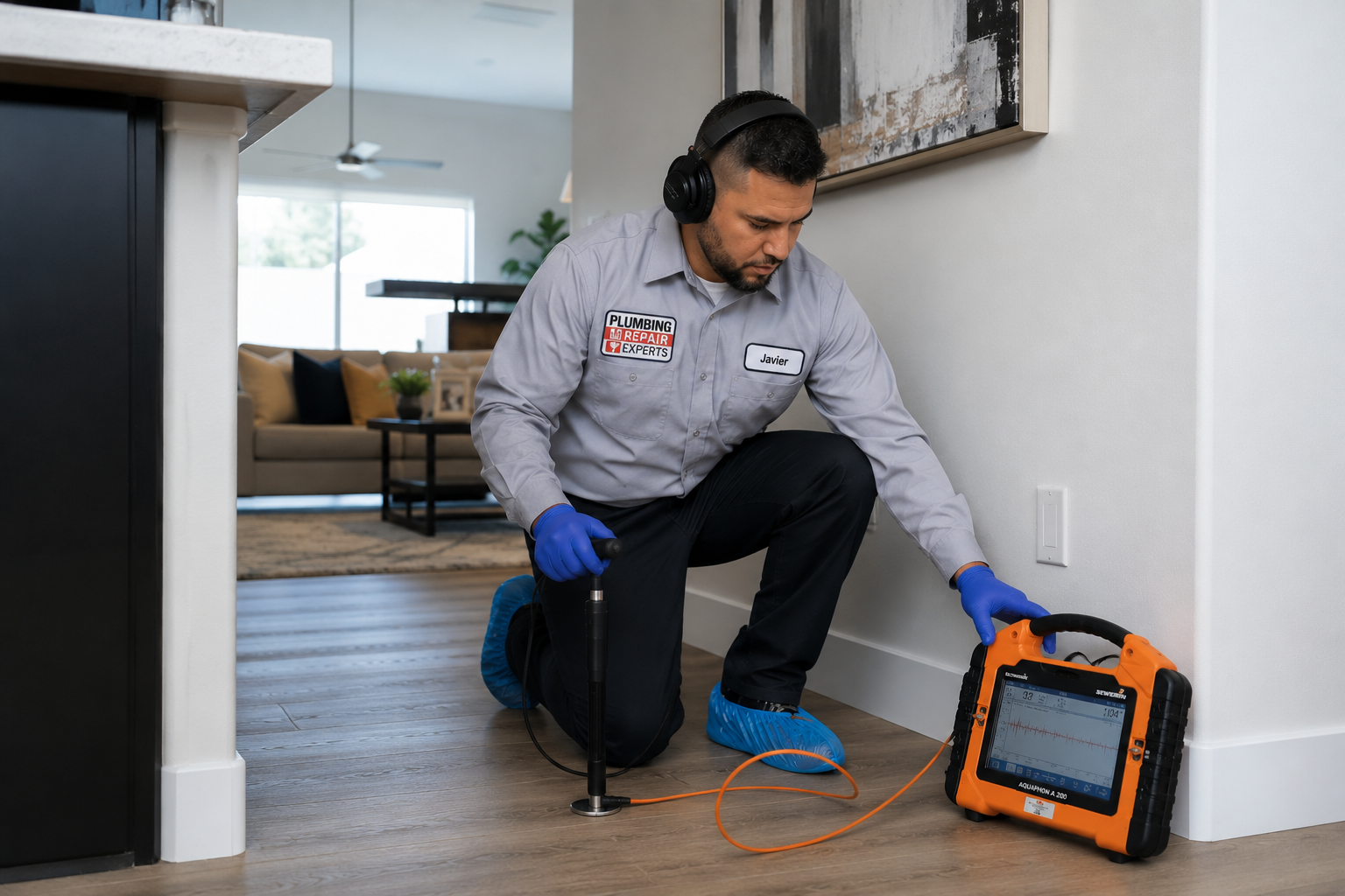 A Plumbing Repair Experts technician using advanced electronic equipment to find a water leak inside a Las Vegas home.