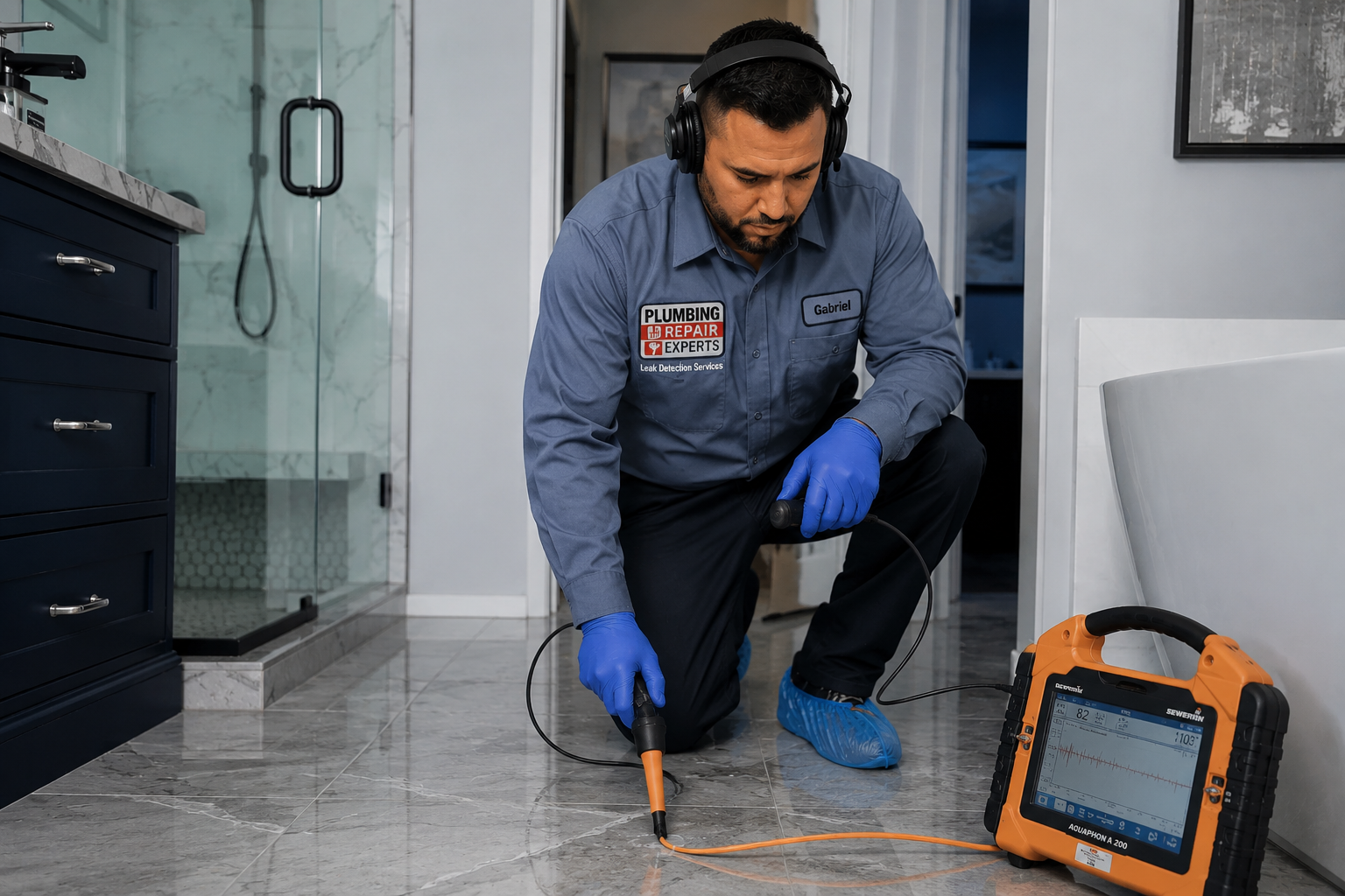 Professional plumber from Plumbing Repair Experts performing leak detection in a Las Vegas home.