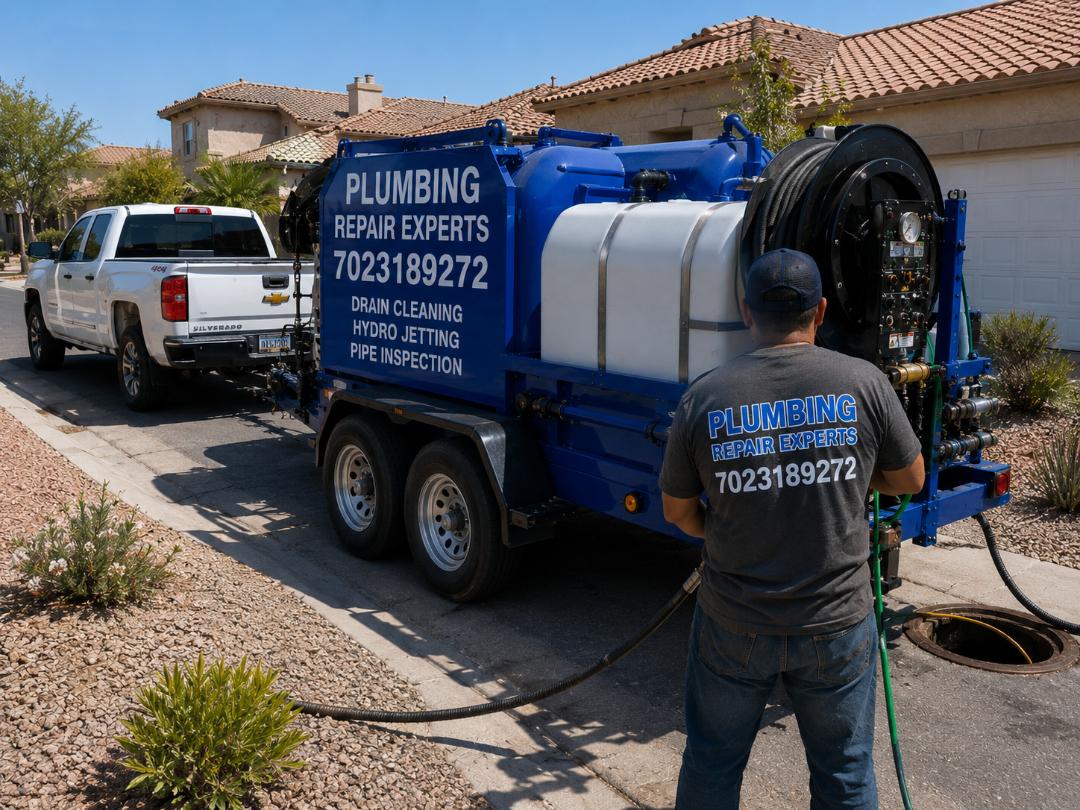Plumbing Repair Experts technician operating hydro jetting equipment for sewer drain cleaning at Las Vegas NV home