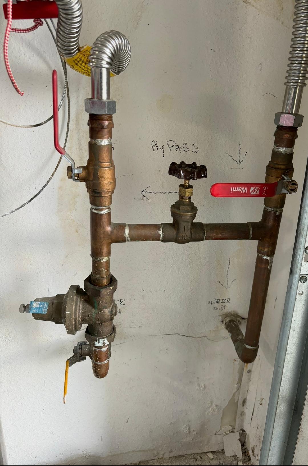 Copper water line with pressure reducing valve and bypass valve assembly during water line repair service in Las Vegas, NV