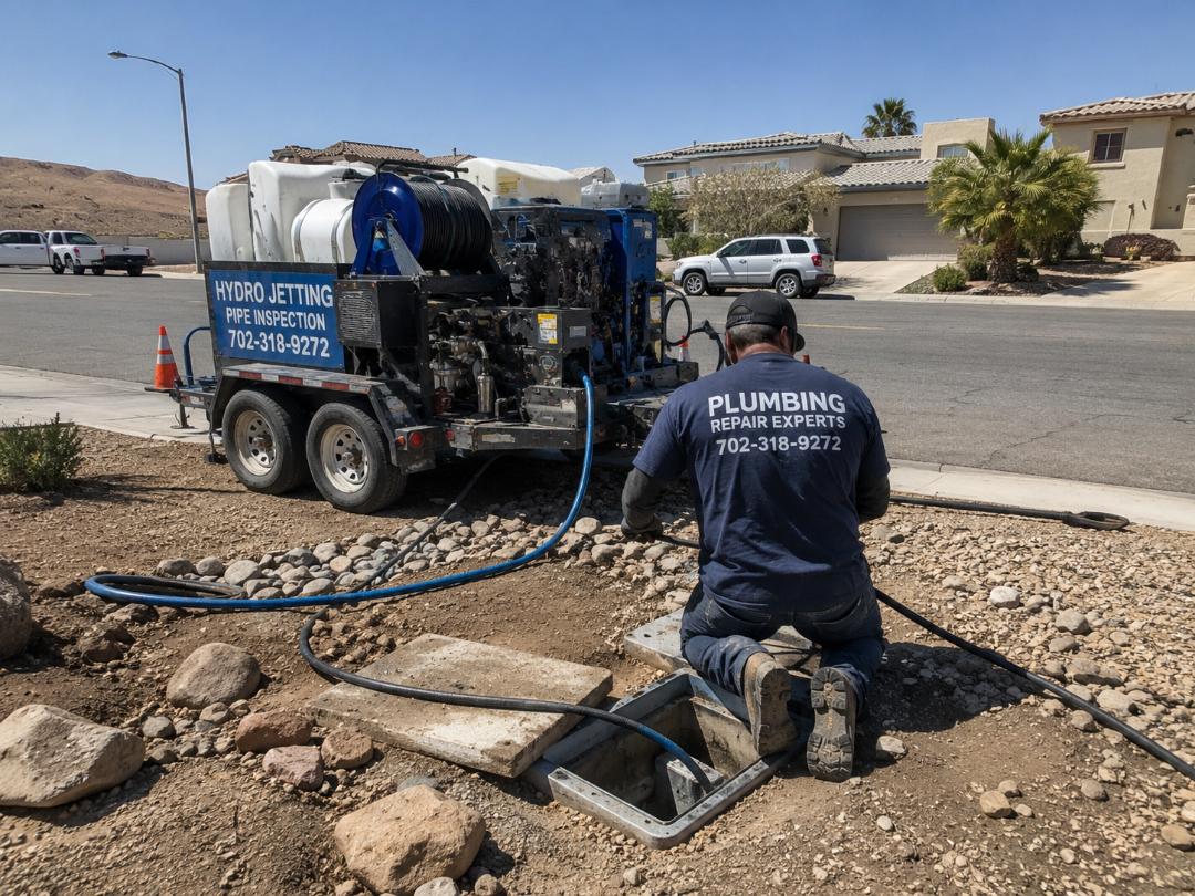 Plumbing Repair Experts technician running hydro jetting hose into sewer at Las Vegas NV home with hydro jetting trailer