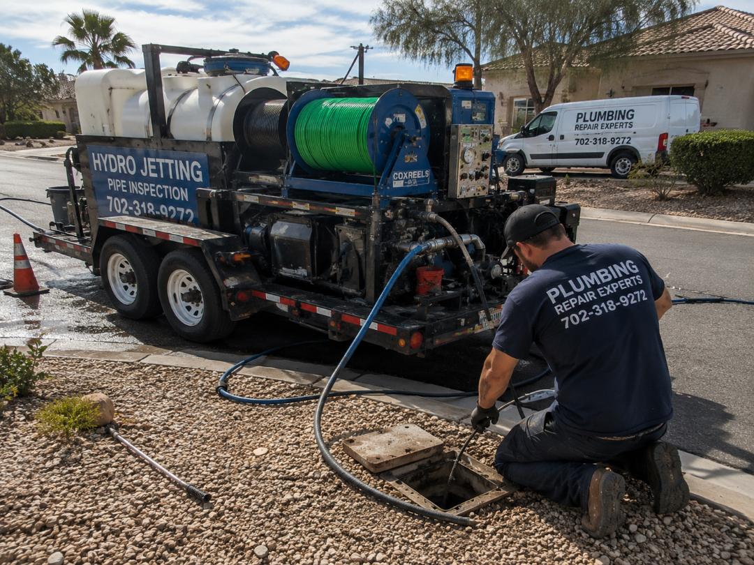 Plumbing Repair Experts technician and service van performing hydro jetting drain cleaning service at Las Vegas NV residential property