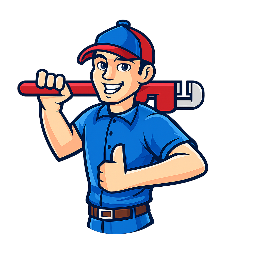 Plumbing Repair Experts cartoon plumber mascot holding a red pipe wrench and giving a thumbs up.